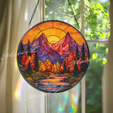 Mountain Sunset Stained Glass Suncatcher, Round Autumn Forest Window Panel with River and Peaks, Nature Landscape Home Decor Gift
